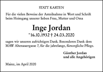 Traueranzeige von Inge Jordan von vrm-trauer