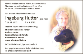 Traueranzeige von Ingeburg Hutter von vrm-trauer