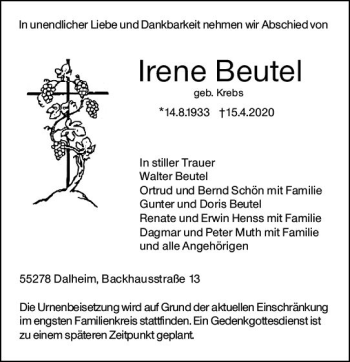 Traueranzeige von Irene Beutel von vrm-trauer