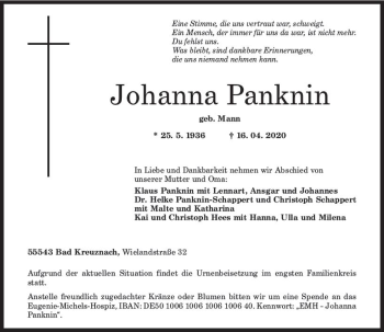 Traueranzeige von Johanna Panknin von vrm-trauer