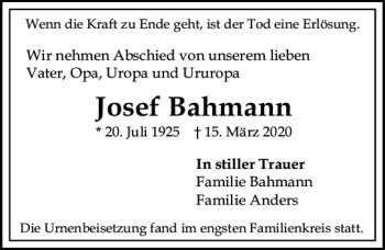 Traueranzeige von Josef Bahmann von vrm-trauer