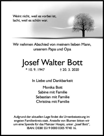 Traueranzeige von Josef Walter Bott von vrm-trauer