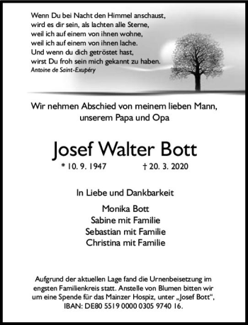 Traueranzeige von Josef Walter Bott von vrm-trauer