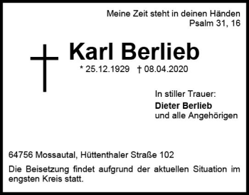 Traueranzeige von Karl Berlieb von vrm-trauer