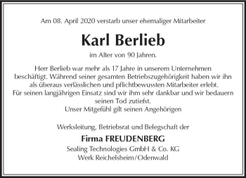 Traueranzeige von Karl Berlieb von vrm-trauer
