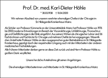 Traueranzeige von Karl-Dieter Höhle von vrm-trauer
