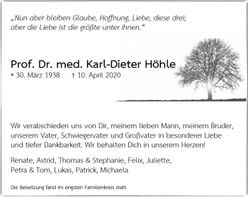 Traueranzeige von Karl-Dieter Höhle von vrm-trauer
