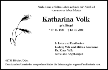 Traueranzeige von Katharina Volk von vrm-trauer
