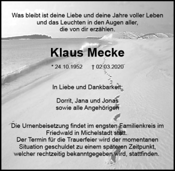 Traueranzeige von Klaus Mecke von vrm-trauer