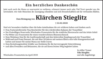 Traueranzeige von Klärchen Stieglitz von vrm-trauer