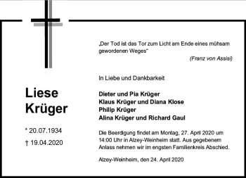 Traueranzeige von Liese Krüger von vrm-trauer