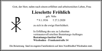 Traueranzeige von Lieselotte Fröhlich von vrm-trauer