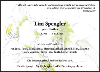 Traueranzeige von Lini Spengler von vrm-trauer
