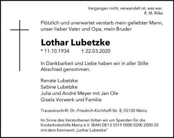 Traueranzeige von Lothar Lubetzke von vrm-trauer