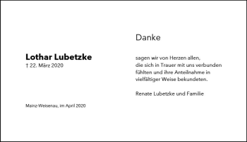 Traueranzeige von Lothar Lubetzke von vrm-trauer