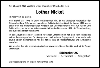Traueranzeige von Lothar Nickel von vrm-trauer