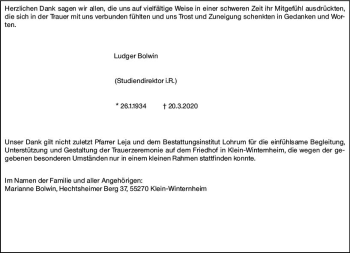 Traueranzeige von Ludger Bolwin von vrm-trauer