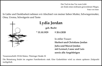 Traueranzeige von Lydia Jordan von vrm-trauer