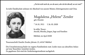 Traueranzeige von Magdalena  Zender von vrm-trauer