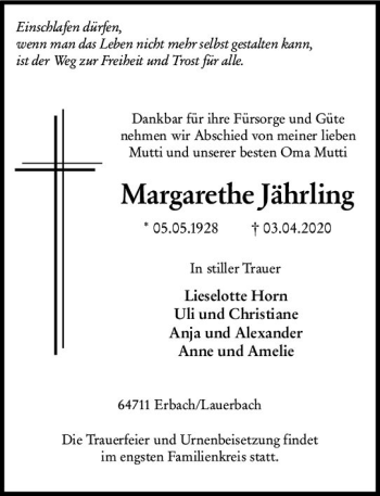 Traueranzeige von Margarethe Jährling von vrm-trauer