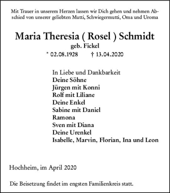 Traueranzeige von Maria Theresia Schmidt von vrm-trauer