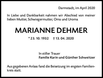 Traueranzeige von Marianne Dehmer von vrm-trauer