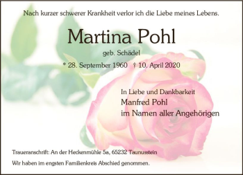 Traueranzeige von Martina Pohl von vrm-trauer