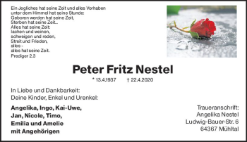 Traueranzeige von Peter Fritz Nestel von vrm-trauer