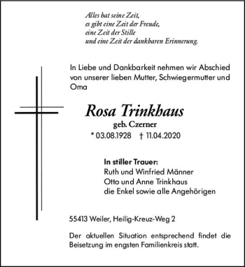 Traueranzeige von Rosa Trinkhaus von vrm-trauer