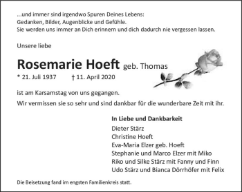 Traueranzeige von Rosemarie Hoeft von vrm-trauer