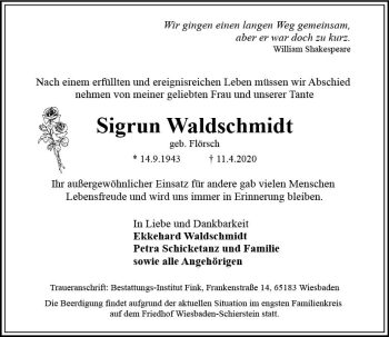 Traueranzeige von Sigrun Waldschmidt von vrm-trauer