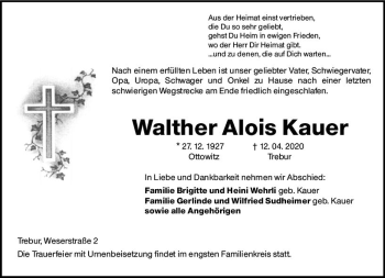 Traueranzeige von Walther Alois Kauer von vrm-trauer
