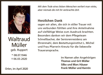 Traueranzeige von Waltraud Müller von vrm-trauer