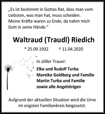 Traueranzeige von Waltraud Riedich von vrm-trauer