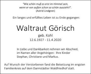 Traueranzeige von Waltraut Görisch von vrm-trauer