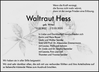 Traueranzeige von Waltraut Hess von vrm-trauer