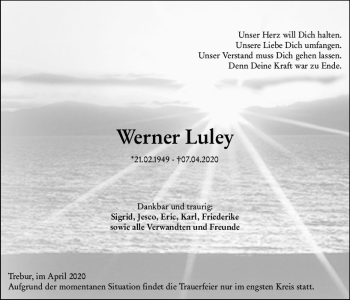 Traueranzeige von Werner Luley von vrm-trauer