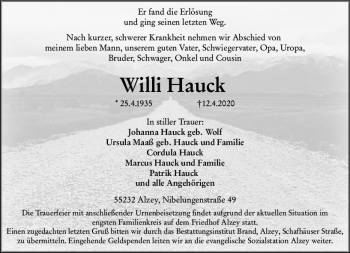 Traueranzeige von Willi Hauck von vrm-trauer