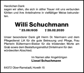 Traueranzeige von Willi Schuchmann von vrm-trauer