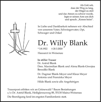 Traueranzeige von Willy Blank von vrm-trauer