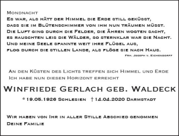 Traueranzeige von Winfriede Gerlach von vrm-trauer
