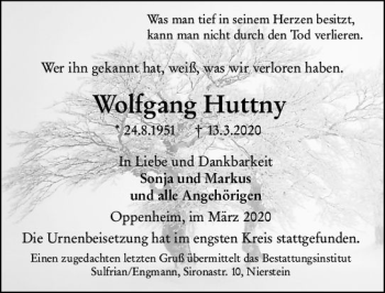 Traueranzeige von Wolfgang Huttny von vrm-trauer
