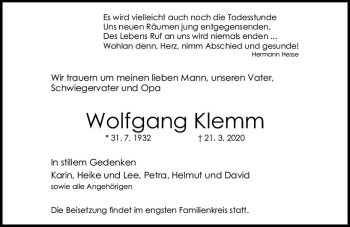 Traueranzeige von Wolfgang Klemm von vrm-trauer