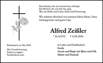 Traueranzeige von Alfred Zeißler von vrm-trauer