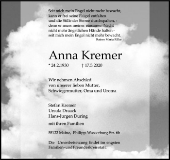 Traueranzeige von Anna Kremer von vrm-trauer