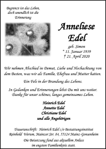 Traueranzeige von Anneliese Edel von vrm-trauer