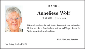 Traueranzeige von Anneliese Wolf von vrm-trauer