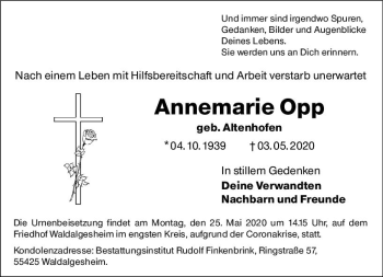 Traueranzeige von Annemarie Opp von vrm-trauer