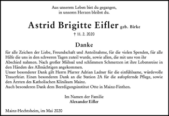 Traueranzeige von Astrid Brigitte Eifler von vrm-trauer