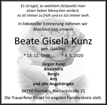 Traueranzeige von Beate Gisela Kunz von vrm-trauer